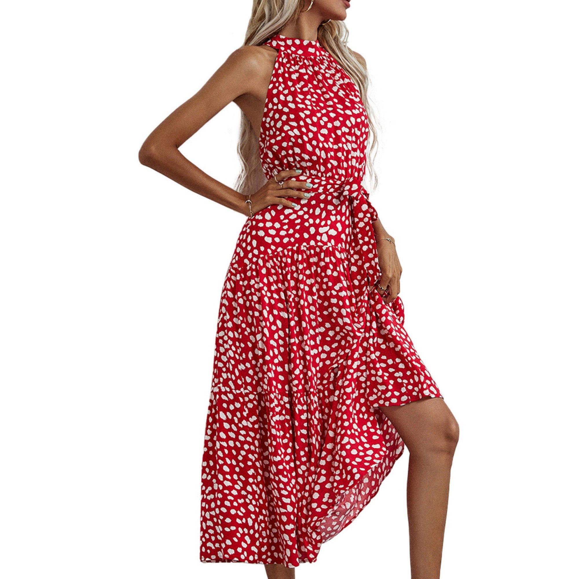 Anna-Kaci Women's Halter Neck Floral Maxi Dress with Waist Tie and Flowing Skirt