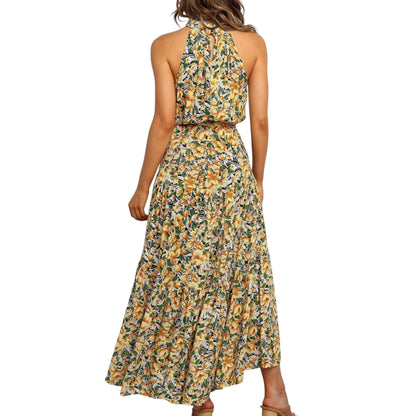Anna-Kaci Women's Halter Neck Floral Maxi Dress with Waist Tie and Flowing Skirt