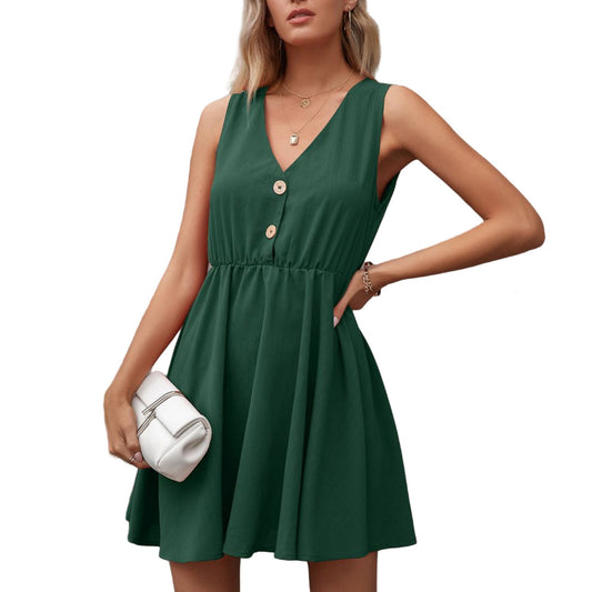 Anna-Kaci Women's Sleeveless Mini Dress with V-Neckline Front Buttons and Elastic Waist