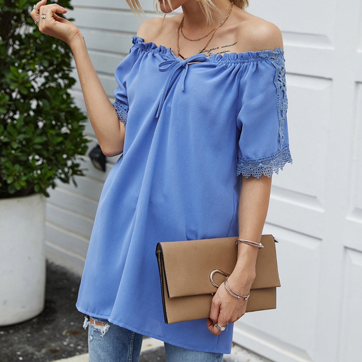 Anna-Kaci Women's Short Sleeve Peasant Blouse with Lace Trim Sleeves and Tie Neckline