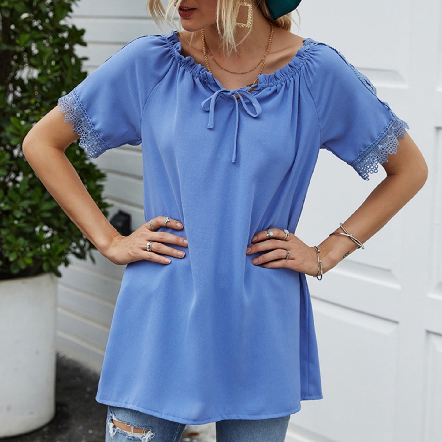 Anna-Kaci Women's Short Sleeve Peasant Blouse with Lace Trim Sleeves and Tie Neckline