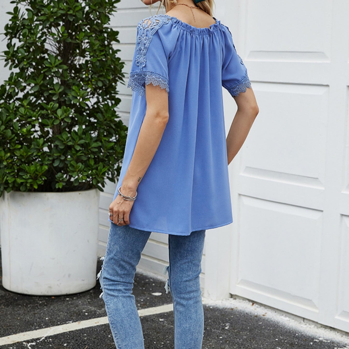 Anna-Kaci Women's Short Sleeve Peasant Blouse with Lace Trim Sleeves and Tie Neckline