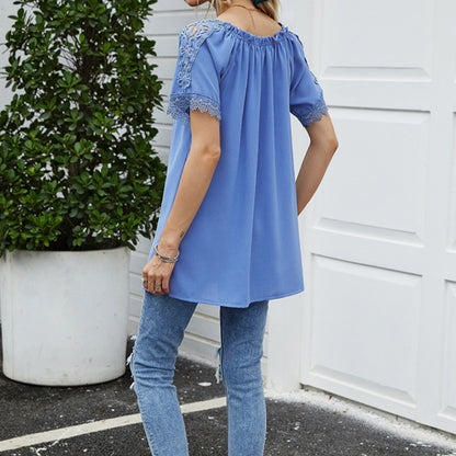 Anna-Kaci Women's Short Sleeve Peasant Blouse with Lace Trim Sleeves and Tie Neckline