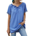 Anna-Kaci Women's Short Sleeve Peasant Blouse with Lace Trim Sleeves and Tie Neckline