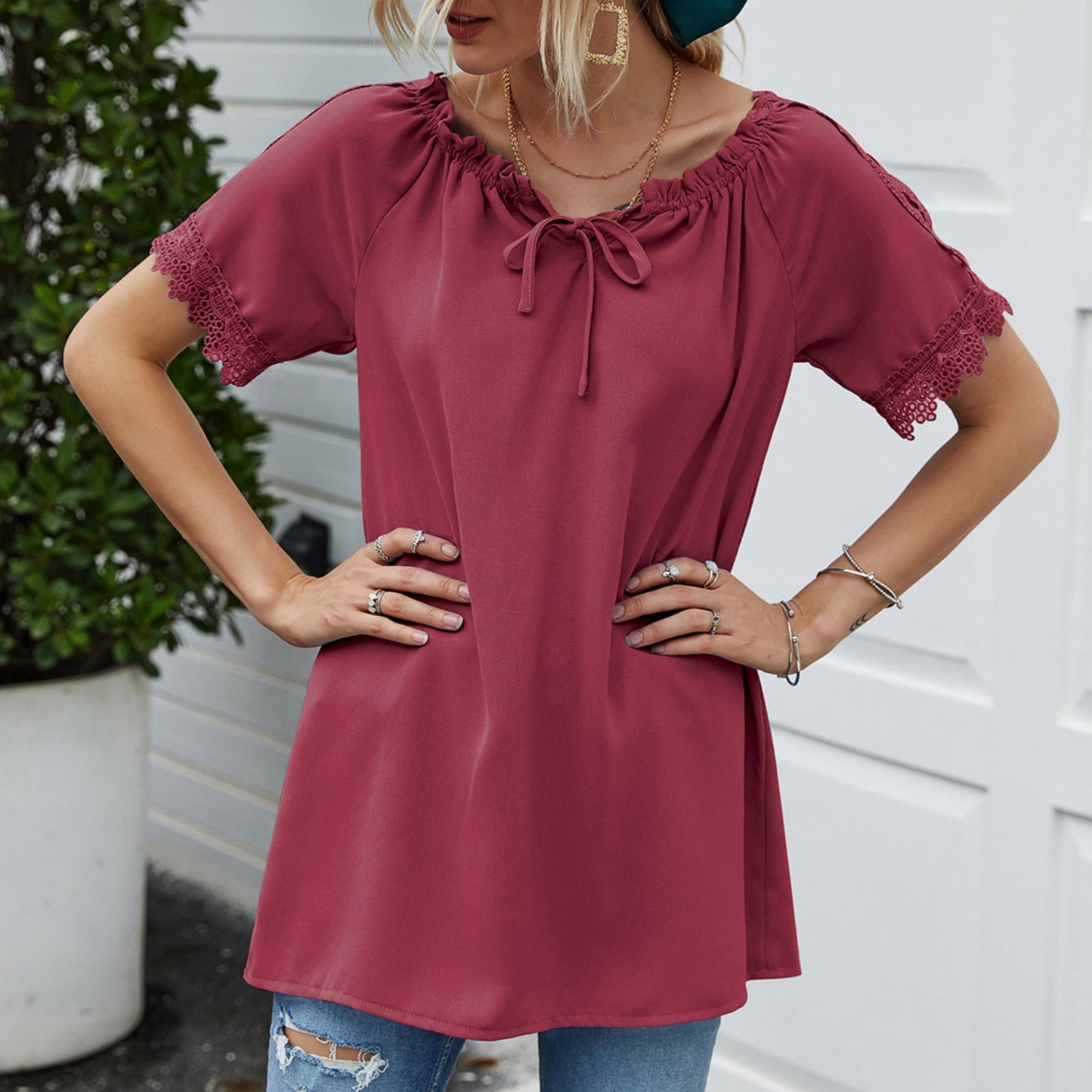 Anna-Kaci Women's Short Sleeve Peasant Blouse with Lace Trim Sleeves and Tie Neckline