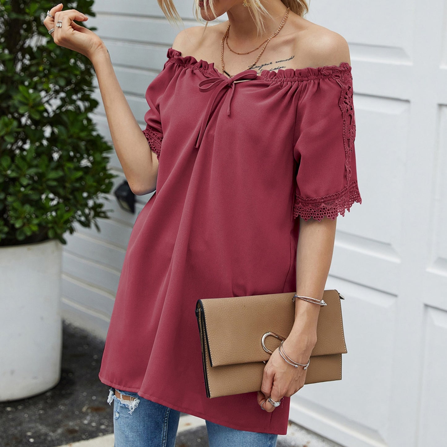 Anna-Kaci Women's Short Sleeve Peasant Blouse with Lace Trim Sleeves and Tie Neckline