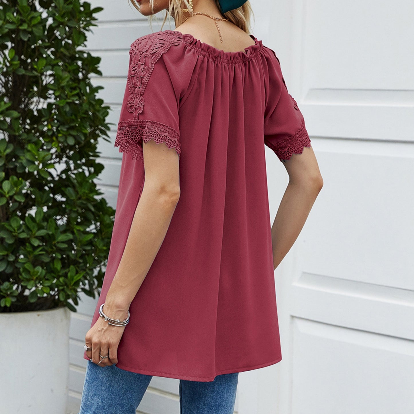 Anna-Kaci Women's Short Sleeve Peasant Blouse with Lace Trim Sleeves and Tie Neckline