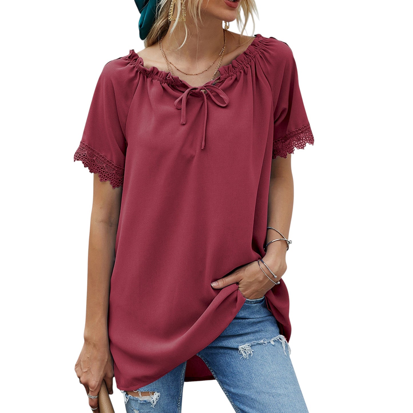 Anna-Kaci Women's Short Sleeve Peasant Blouse with Lace Trim Sleeves and Tie Neckline