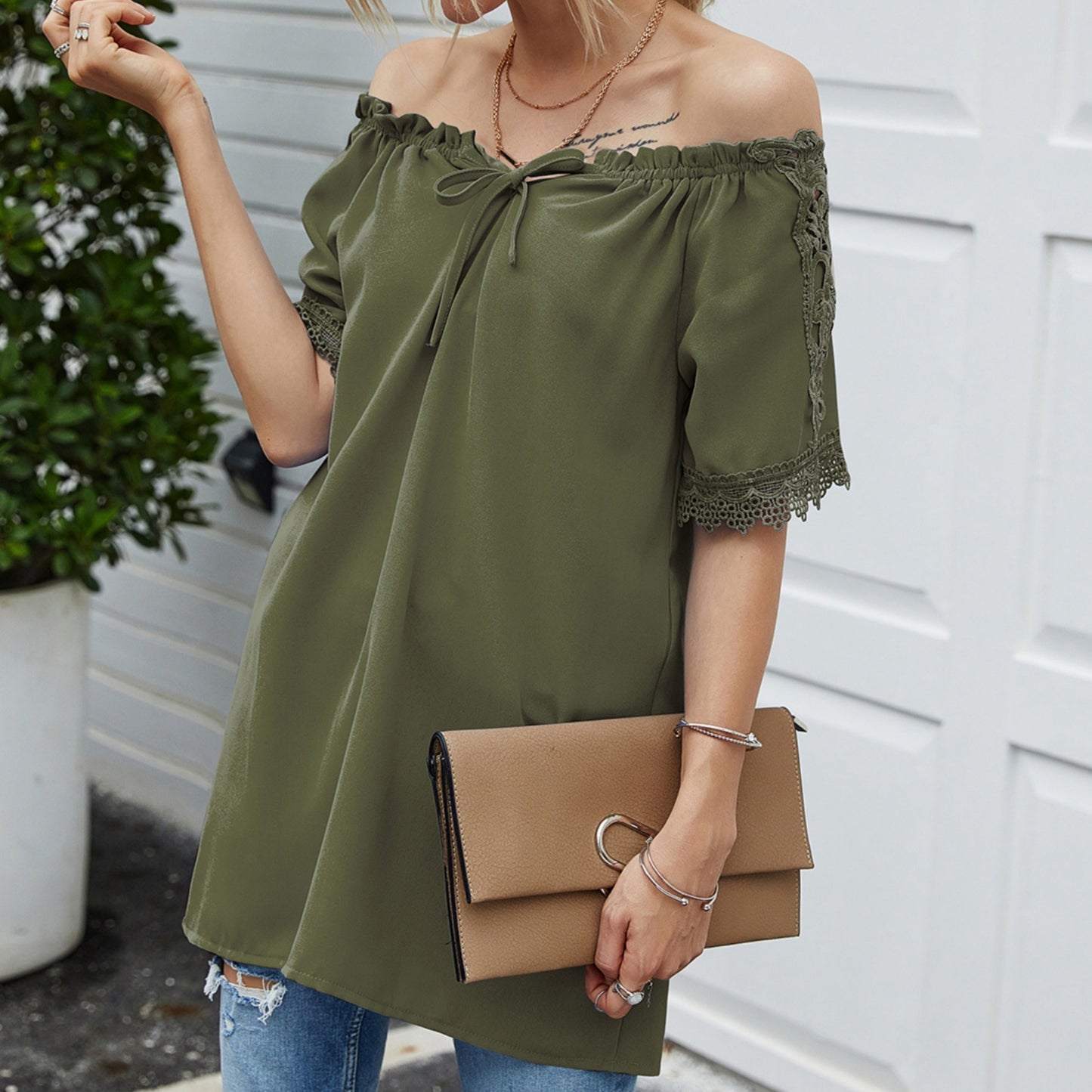 Anna-Kaci Women's Short Sleeve Peasant Blouse with Lace Trim Sleeves and Tie Neckline