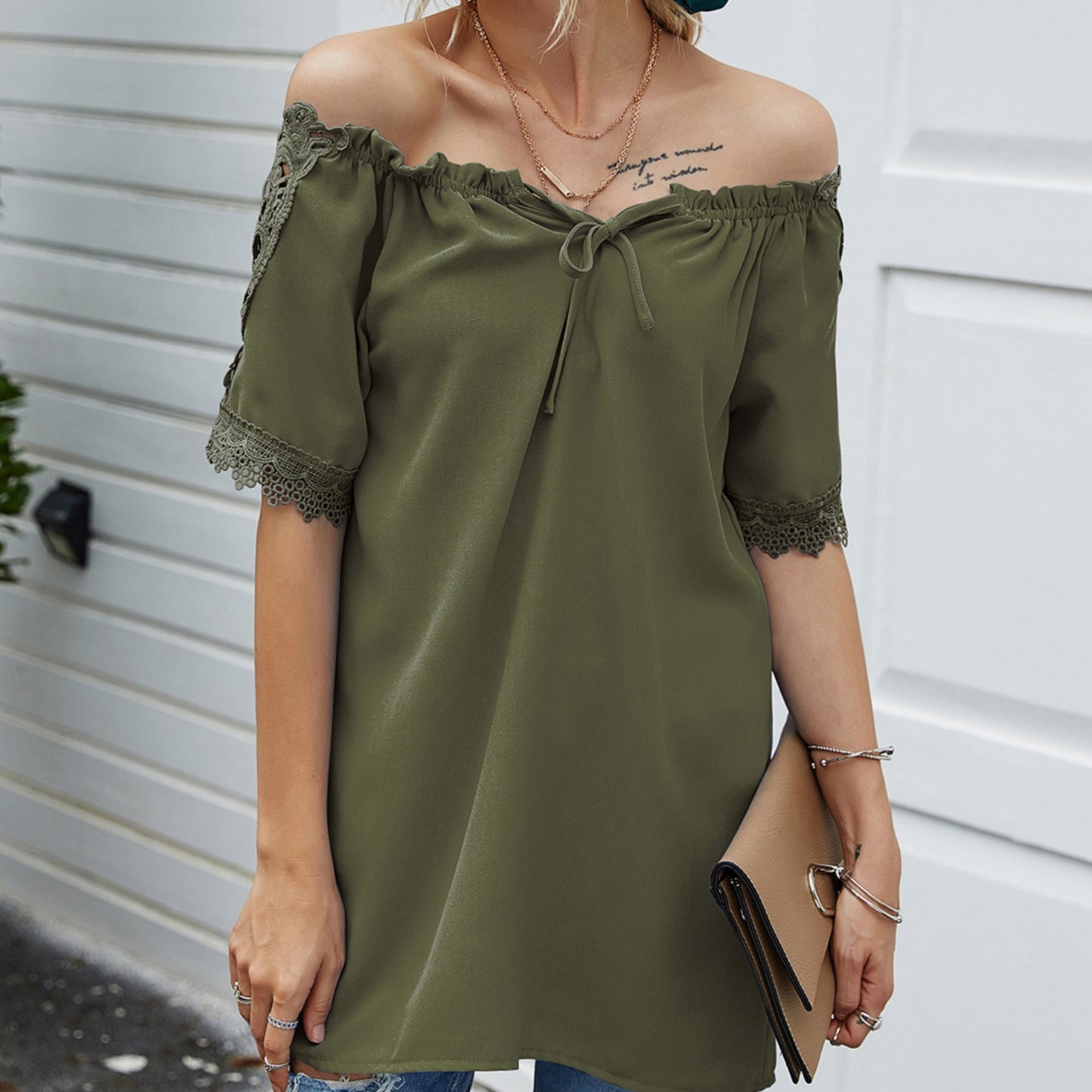 Anna-Kaci Women's Short Sleeve Peasant Blouse with Lace Trim Sleeves and Tie Neckline