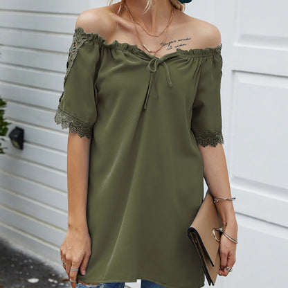 Anna-Kaci Women's Short Sleeve Peasant Blouse with Lace Trim Sleeves and Tie Neckline