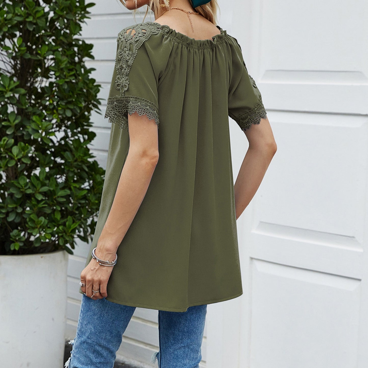 Anna-Kaci Women's Short Sleeve Peasant Blouse with Lace Trim Sleeves and Tie Neckline