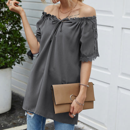 Anna-Kaci Women's Short Sleeve Peasant Blouse with Lace Trim Sleeves and Tie Neckline