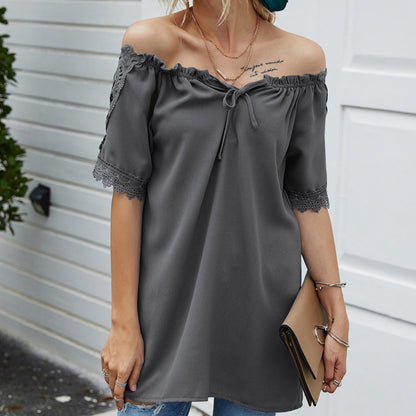 Anna-Kaci Women's Short Sleeve Peasant Blouse with Lace Trim Sleeves and Tie Neckline