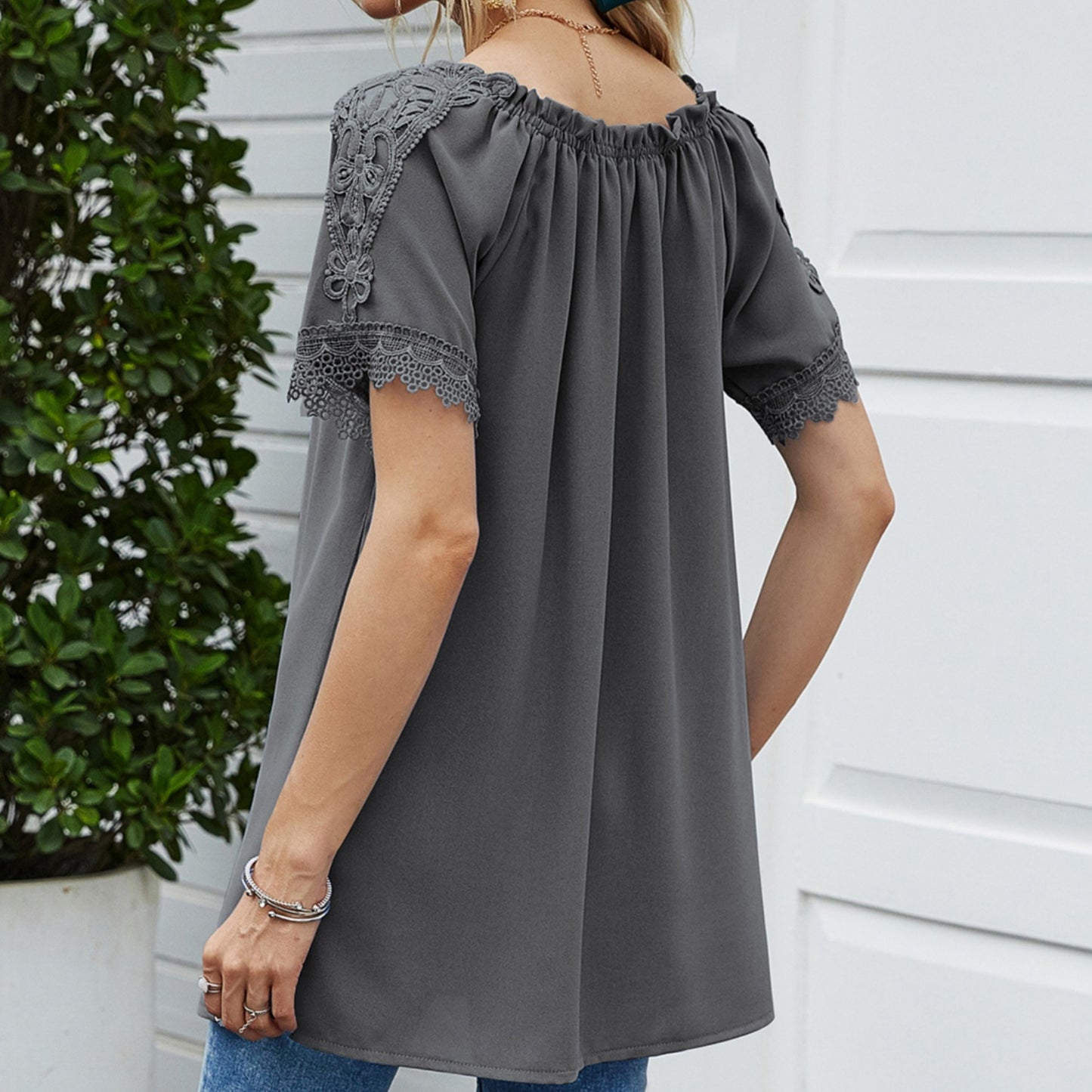 Anna-Kaci Women's Short Sleeve Peasant Blouse with Lace Trim Sleeves and Tie Neckline