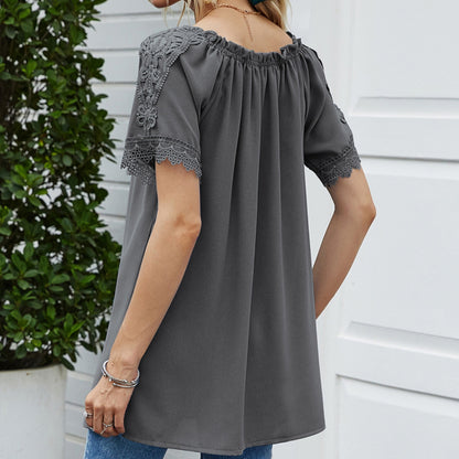 Anna-Kaci Women's Short Sleeve Peasant Blouse with Lace Trim Sleeves and Tie Neckline