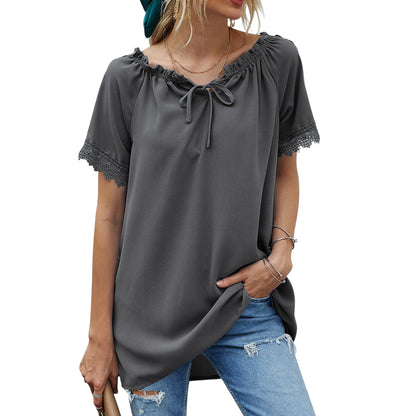Anna-Kaci Women's Short Sleeve Peasant Blouse with Lace Trim Sleeves and Tie Neckline