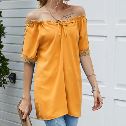 Anna-Kaci Women's Short Sleeve Peasant Blouse with Lace Trim Sleeves and Tie Neckline