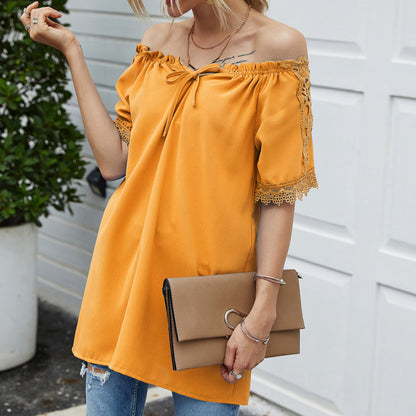 Anna-Kaci Women's Short Sleeve Peasant Blouse with Lace Trim Sleeves and Tie Neckline