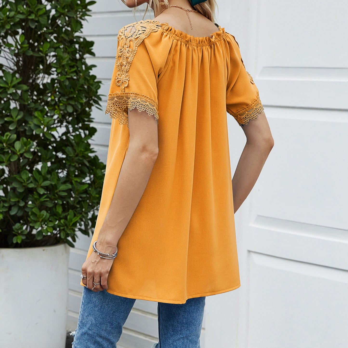 Anna-Kaci Women's Short Sleeve Peasant Blouse with Lace Trim Sleeves and Tie Neckline