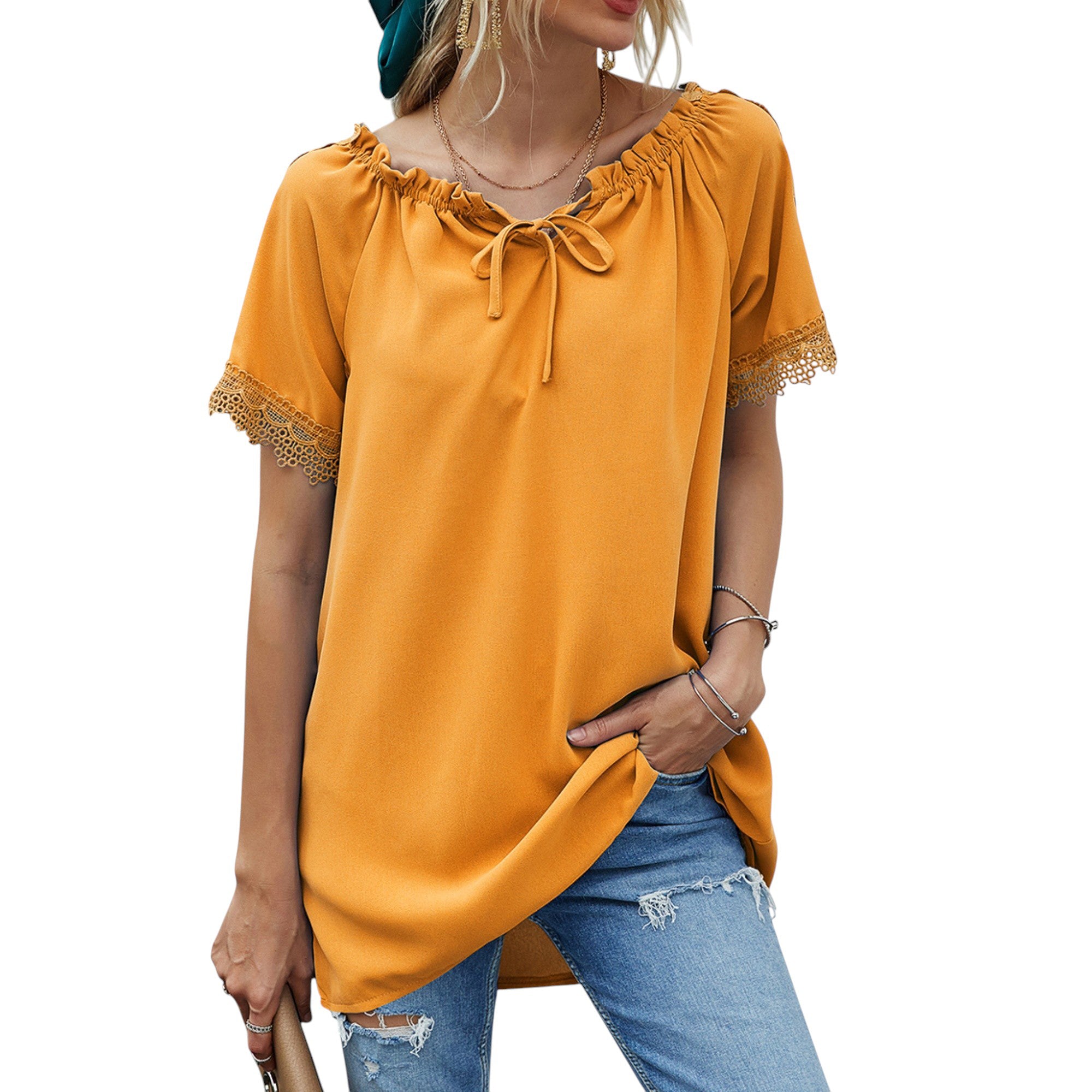 Anna-Kaci Women's Short Sleeve Peasant Blouse with Lace Trim Sleeves and Tie Neckline