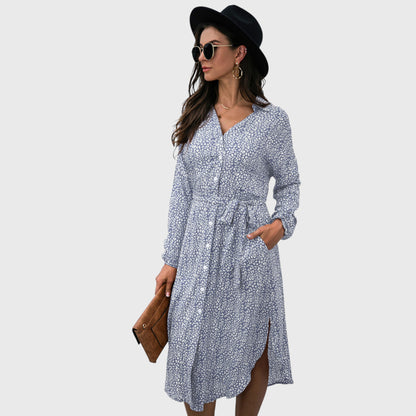 Anna-Kaci Women's Long Sleeve Button Front Midi Dress with Waist Tie and Side Slit