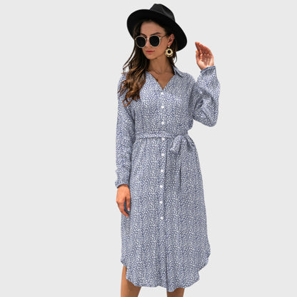 Anna-Kaci Women's Long Sleeve Button Front Midi Dress with Waist Tie and Side Slit