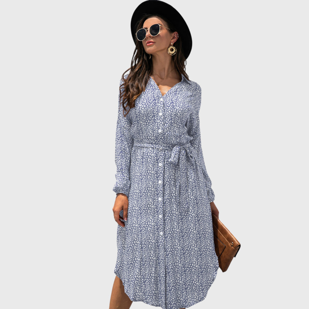 Anna-Kaci Women's Long Sleeve Button Front Midi Dress with Waist Tie and Side Slit
