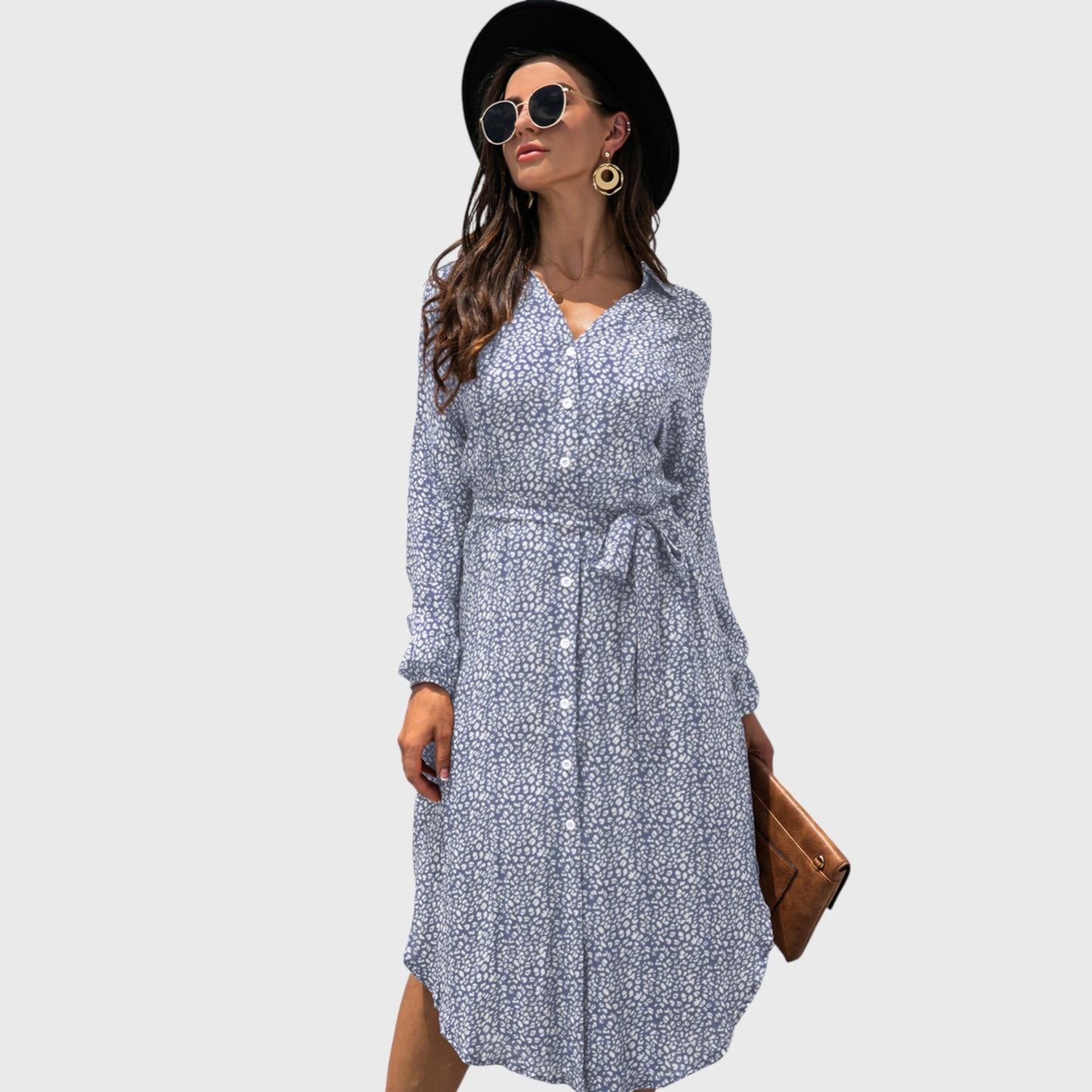 Anna-Kaci Women's Long Sleeve Button Front Midi Dress with Waist Tie and Side Slit