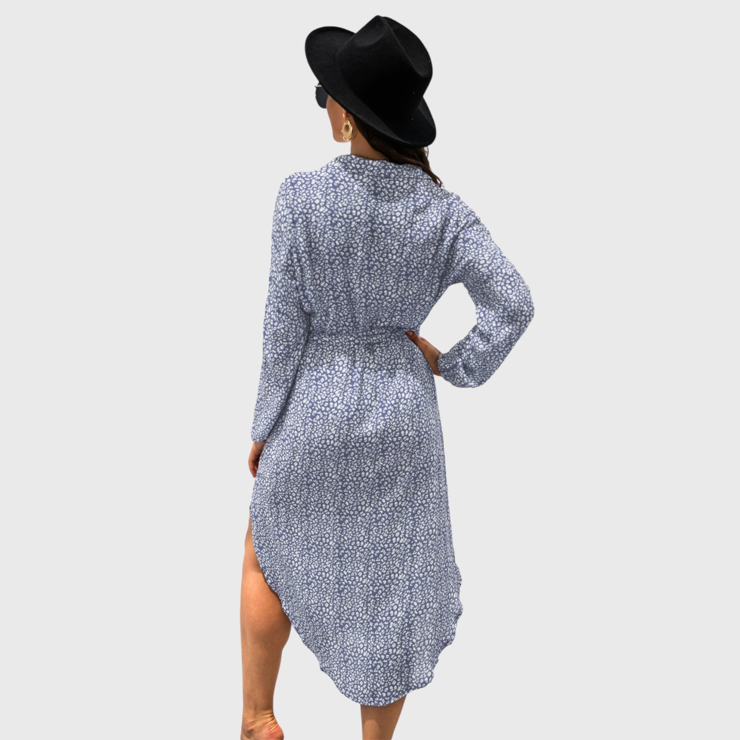 Anna-Kaci Women's Long Sleeve Button Front Midi Dress with Waist Tie and Side Slit