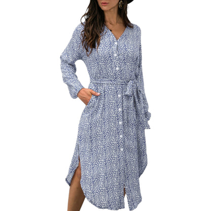 Anna-Kaci Women's Long Sleeve Button Front Midi Dress with Waist Tie and Side Slit