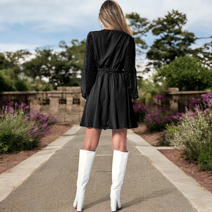 Anna-Kaci Women's V-Neck Long Sleeve Mini Dress with Sheer Dotted Sleeves and Waist Tie Detail