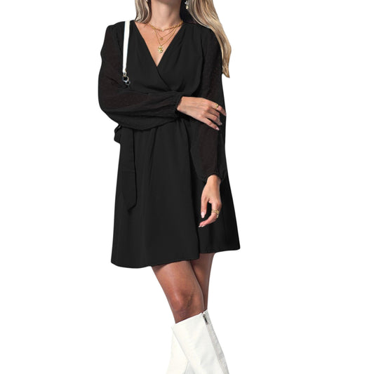 Anna-Kaci Women's V-Neck Long Sleeve Mini Dress with Sheer Dotted Sleeves and Waist Tie Detail