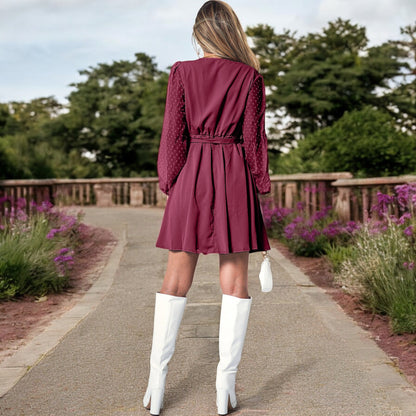 Anna-Kaci Women's V-Neck Long Sleeve Mini Dress with Sheer Dotted Sleeves and Waist Tie Detail