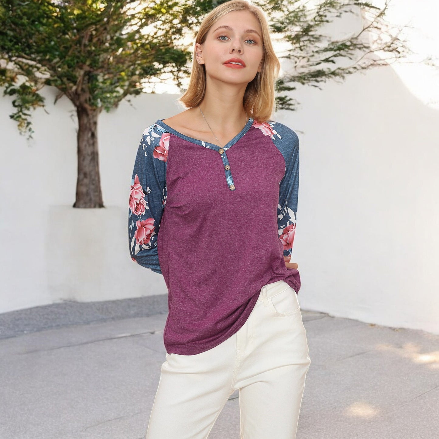 Anna-Kaci Women's Long Sleeve Raglan Henley Top with Button Detail and Floral Print Sleeves