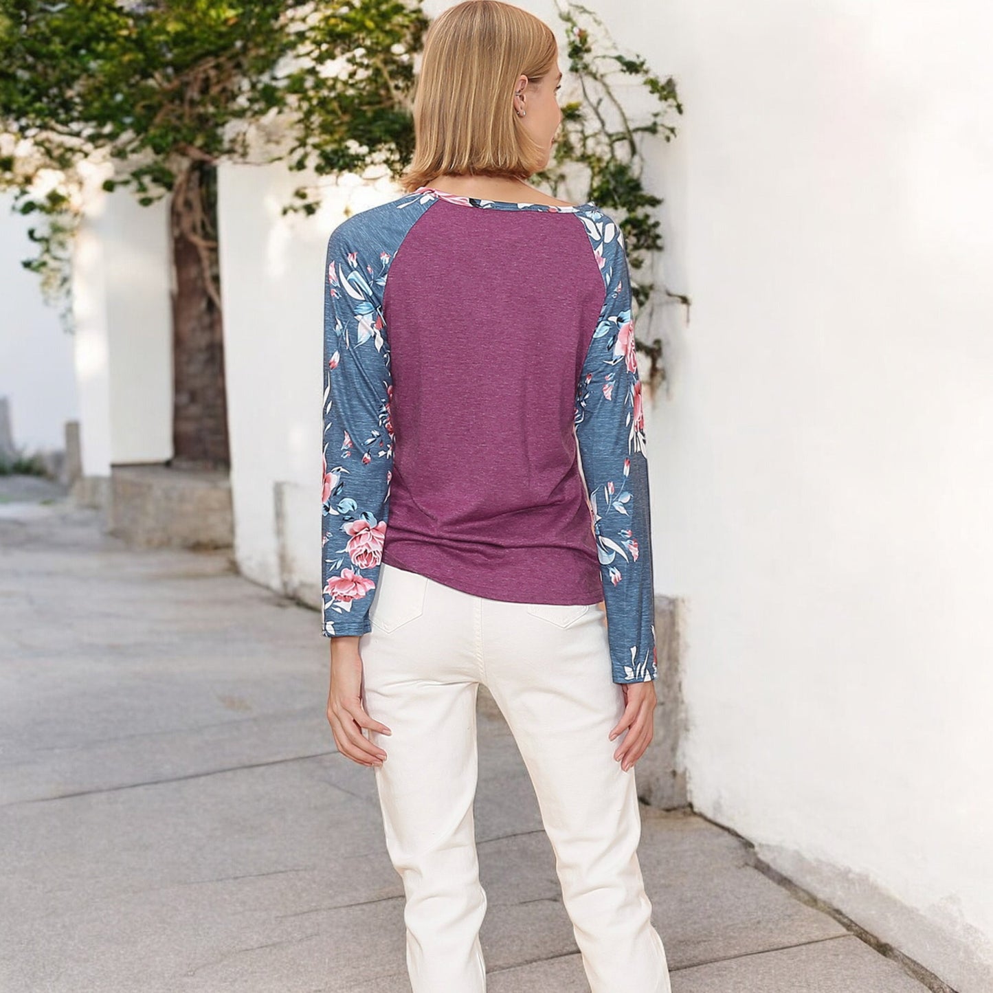 Anna-Kaci Women's Long Sleeve Raglan Henley Top with Button Detail and Floral Print Sleeves