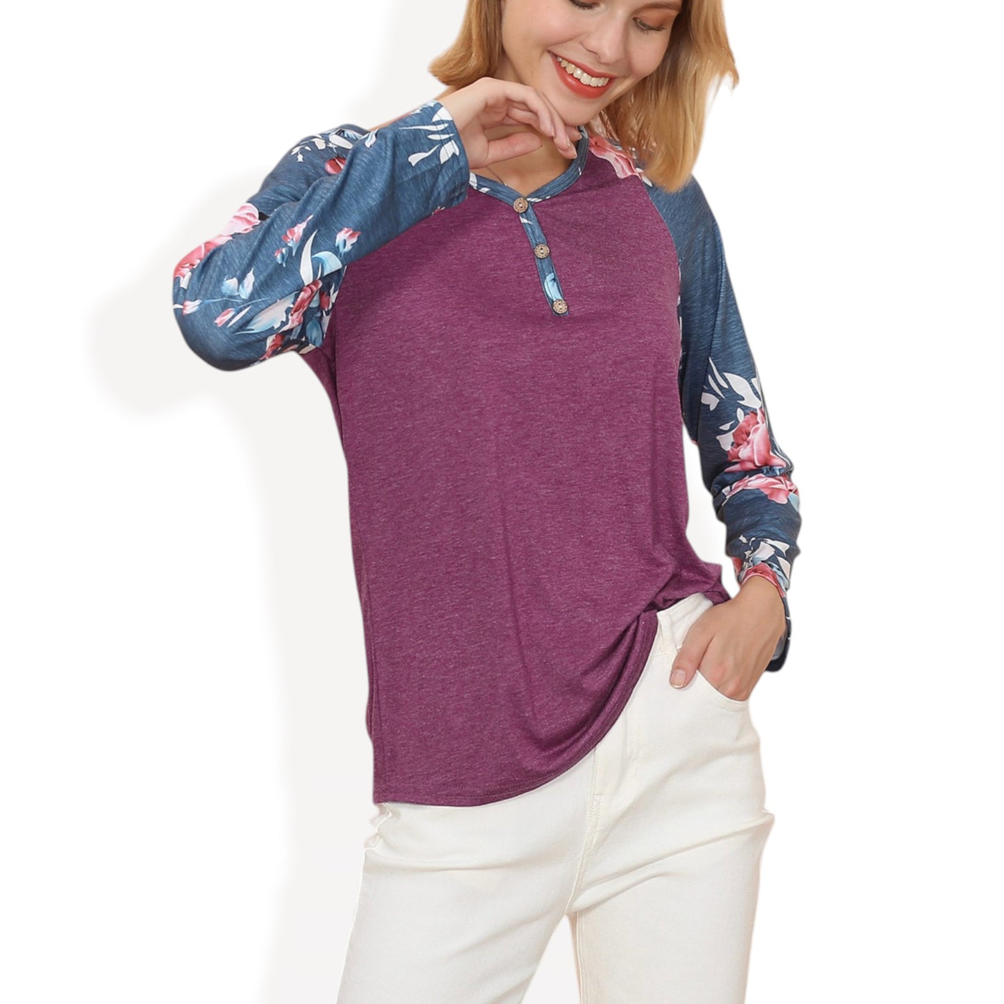 Anna-Kaci Women's Long Sleeve Raglan Henley Top with Button Detail and Floral Print Sleeves