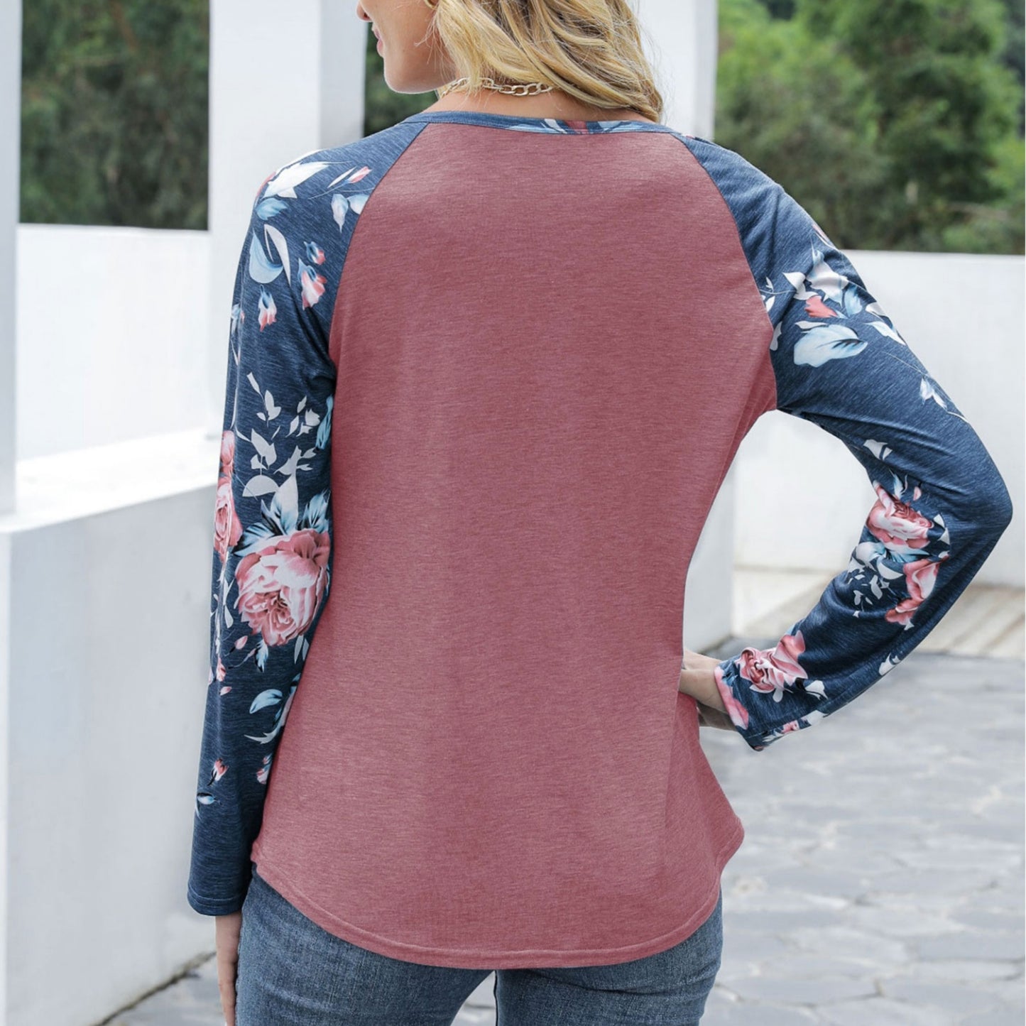 Anna-Kaci Women's Long Sleeve Raglan Henley Top with Button Detail and Floral Print Sleeves