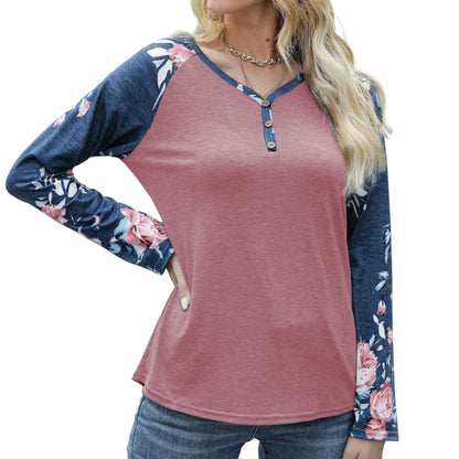 Anna-Kaci Women's Long Sleeve Raglan Henley Top with Button Detail and Floral Print Sleeves