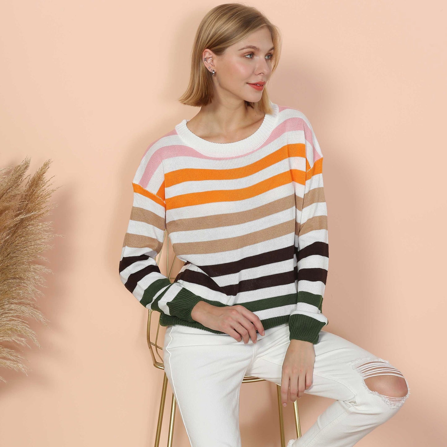 Anna-Kaci Women's Striped Knit Sweater with Long Sleeves and Relaxed Fit