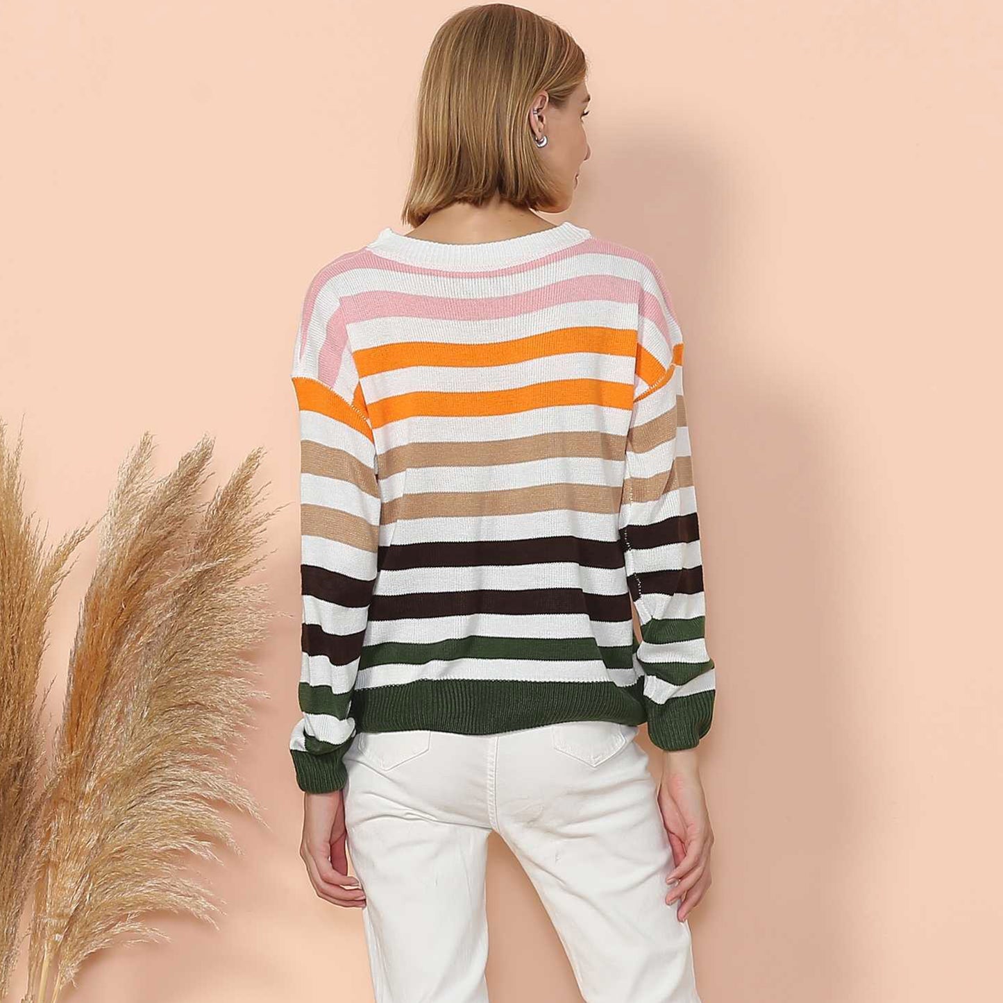 Anna-Kaci Women's Striped Knit Sweater with Long Sleeves and Relaxed Fit