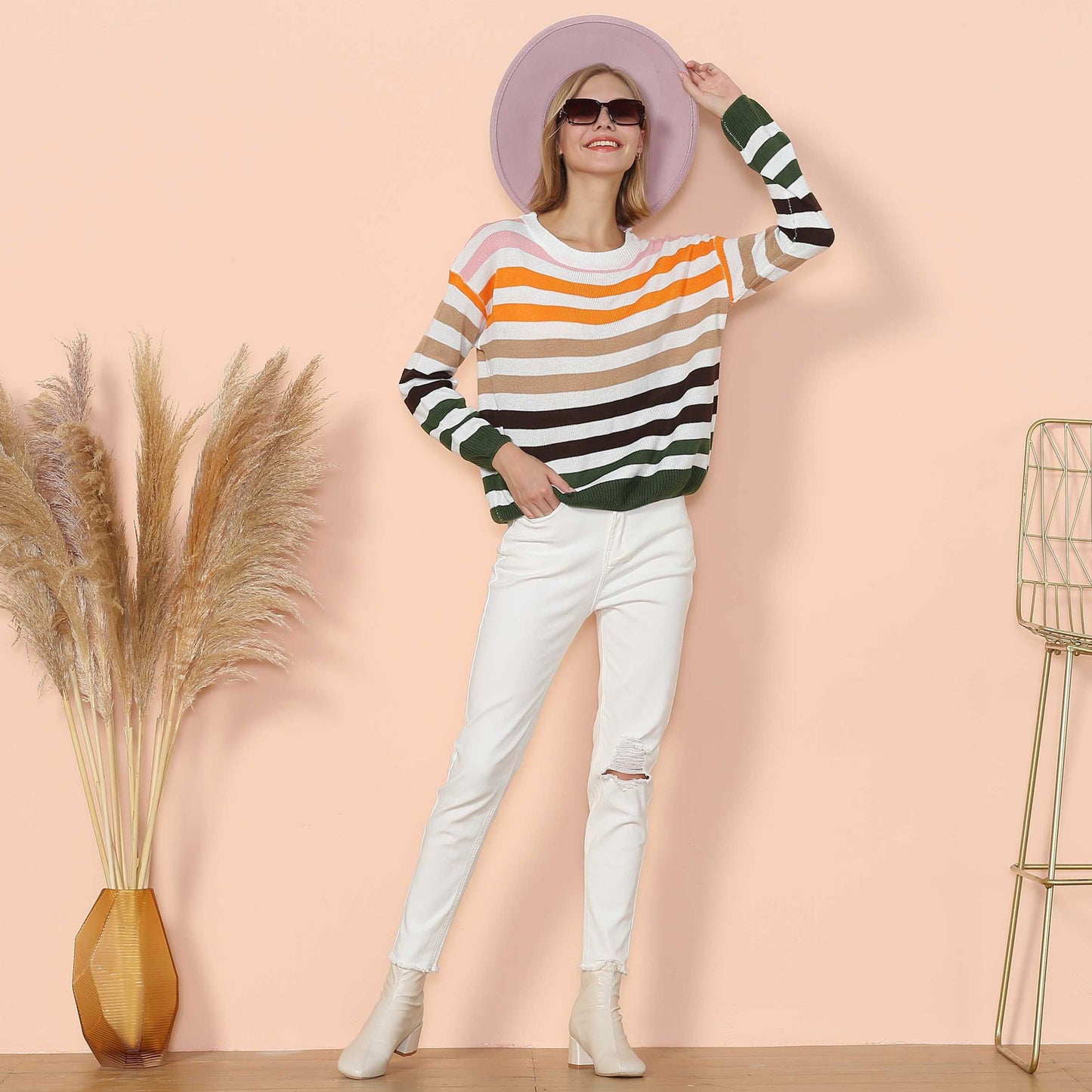 Anna-Kaci Women's Striped Knit Sweater with Long Sleeves and Relaxed Fit