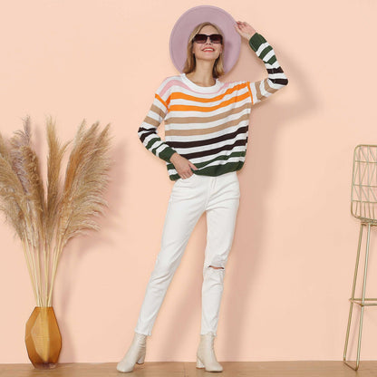 Anna-Kaci Women's Striped Knit Sweater with Long Sleeves and Relaxed Fit