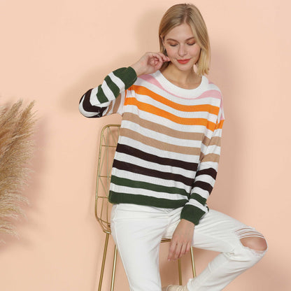 Anna-Kaci Women's Striped Knit Sweater with Long Sleeves and Relaxed Fit