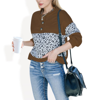 Anna-Kaci Women's Leopard Print Pullover Sweatshirt with Long Sleeves and Ribbed Cuffs