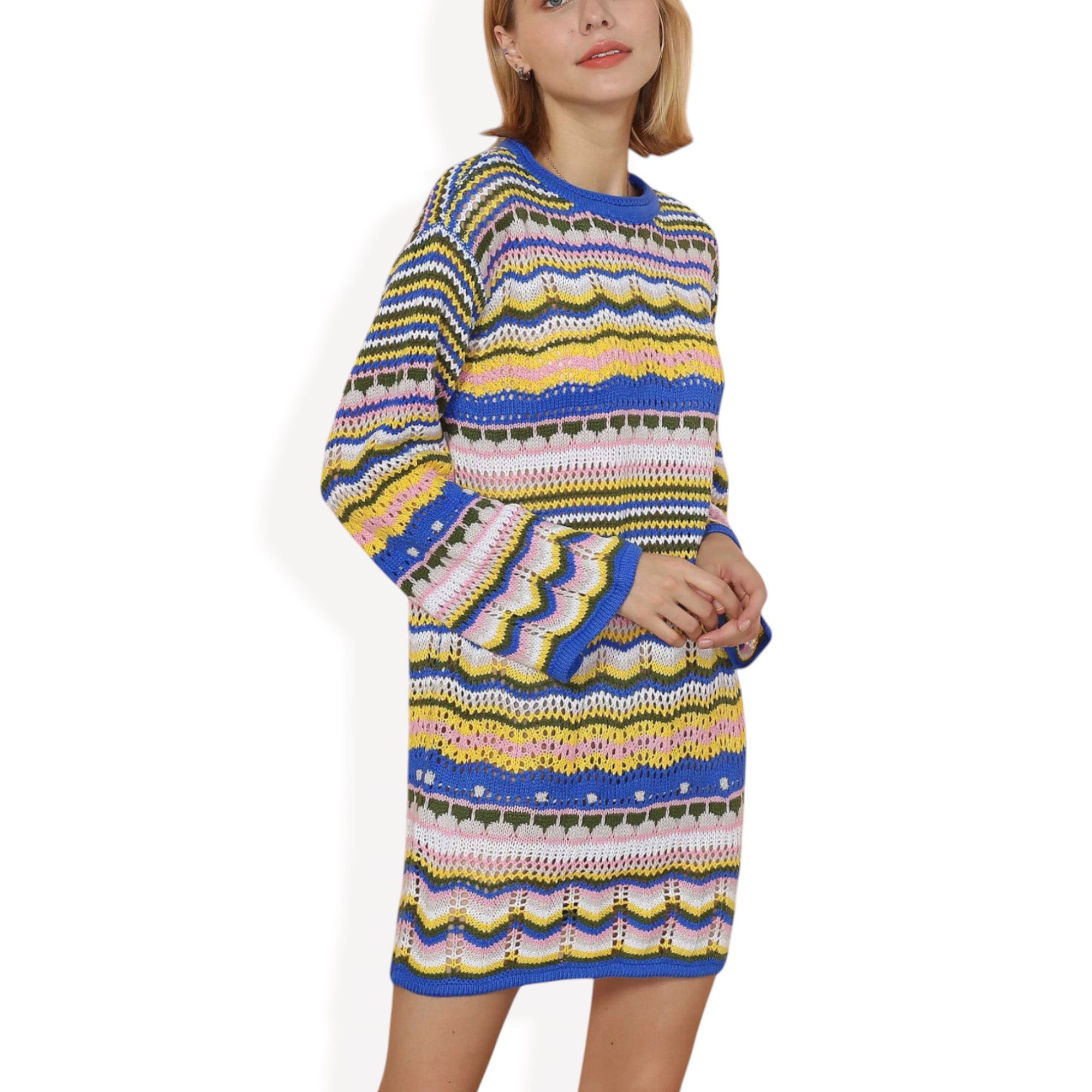Anna-Kaci Women's Long Sleeve Knit Sweater Dress with Colorful Striped Anna-Kaci Women's Long Sleeve Knit Sweater Dress with Colorful Striped