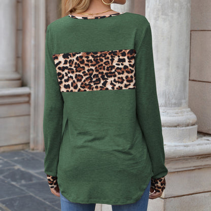 Anna-Kaci Women's Long Sleeve Pullover Top with Leopard Print Chest Panel and Cuff Accents