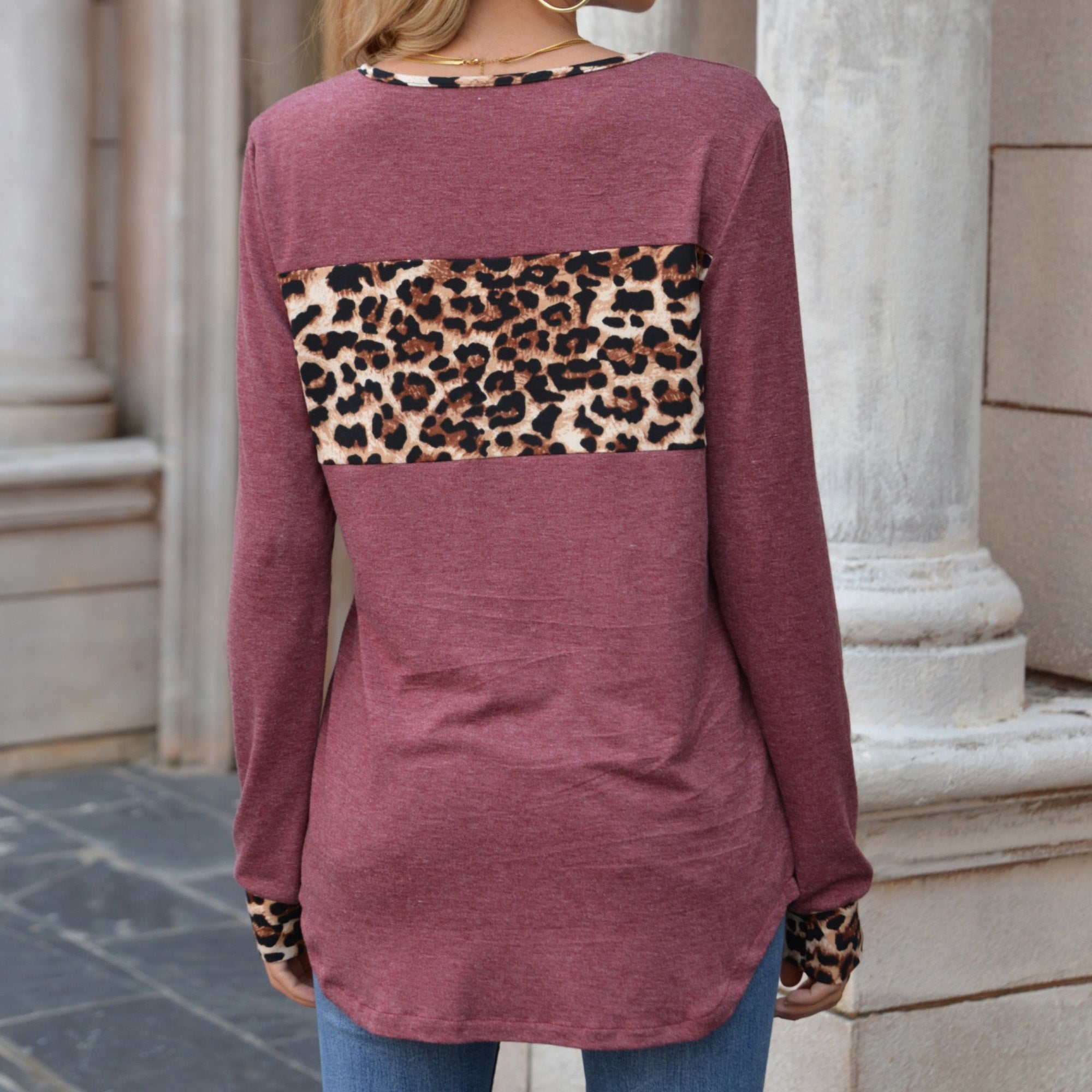Anna-Kaci Women's Long Sleeve Pullover Top with Leopard Print Chest Panel and Cuff Accents