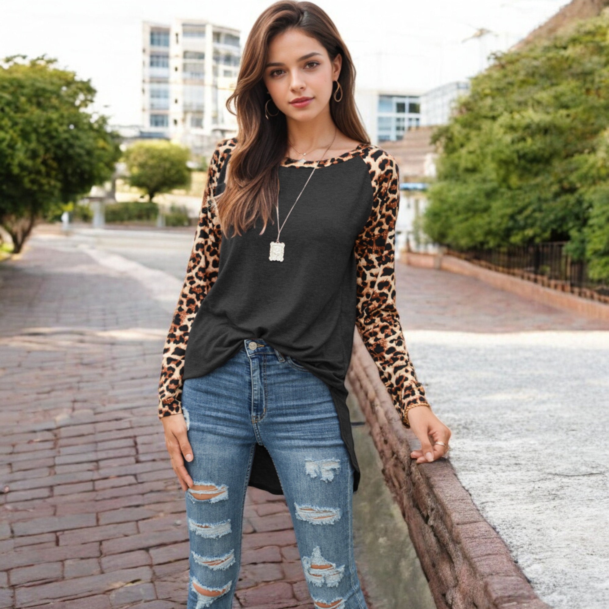 Anna-Kaci Women's Long Sleeve Pullover Shirt with Leopard Print Contrast Panels and Crew Neck