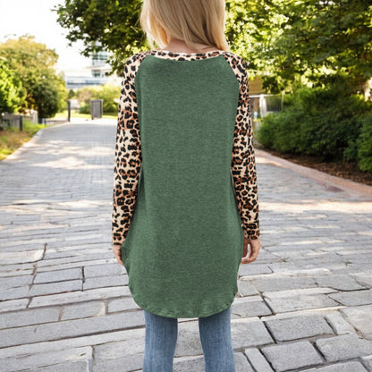 Anna-Kaci Women's Long Sleeve Pullover Shirt with Leopard Print Contrast Panels and Crew Neck